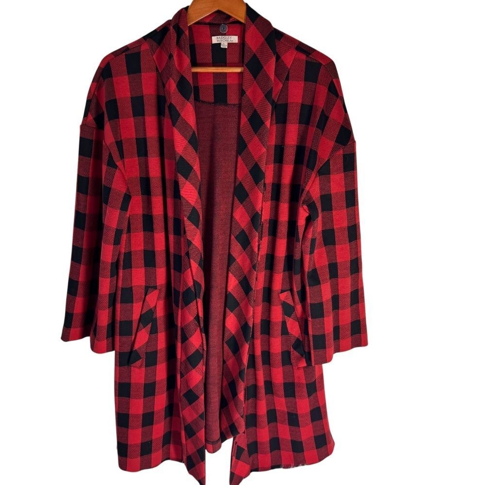 Badgley Mischka Red/Black Plaid Open Front Jacket‎ Detachable Tie Sz L
